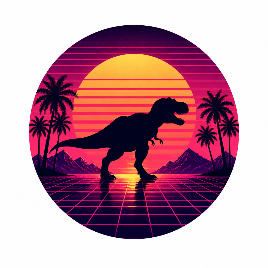 AI-generált pólóminta: Naplementében sétáló T-Rex sziluett, retró szintetizátor-hullám stílusban
