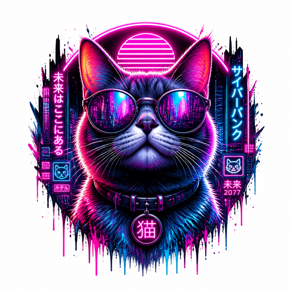 AI-generált pólóminta: Neonfényben úszó cyberpunk macska napszemüvegben