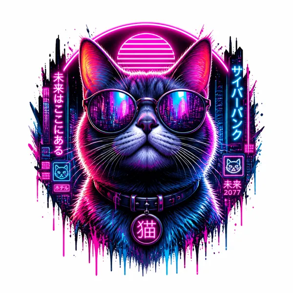 AI-generált pólóminta: Neonfényben úszó cyberpunk macska napszemüvegben