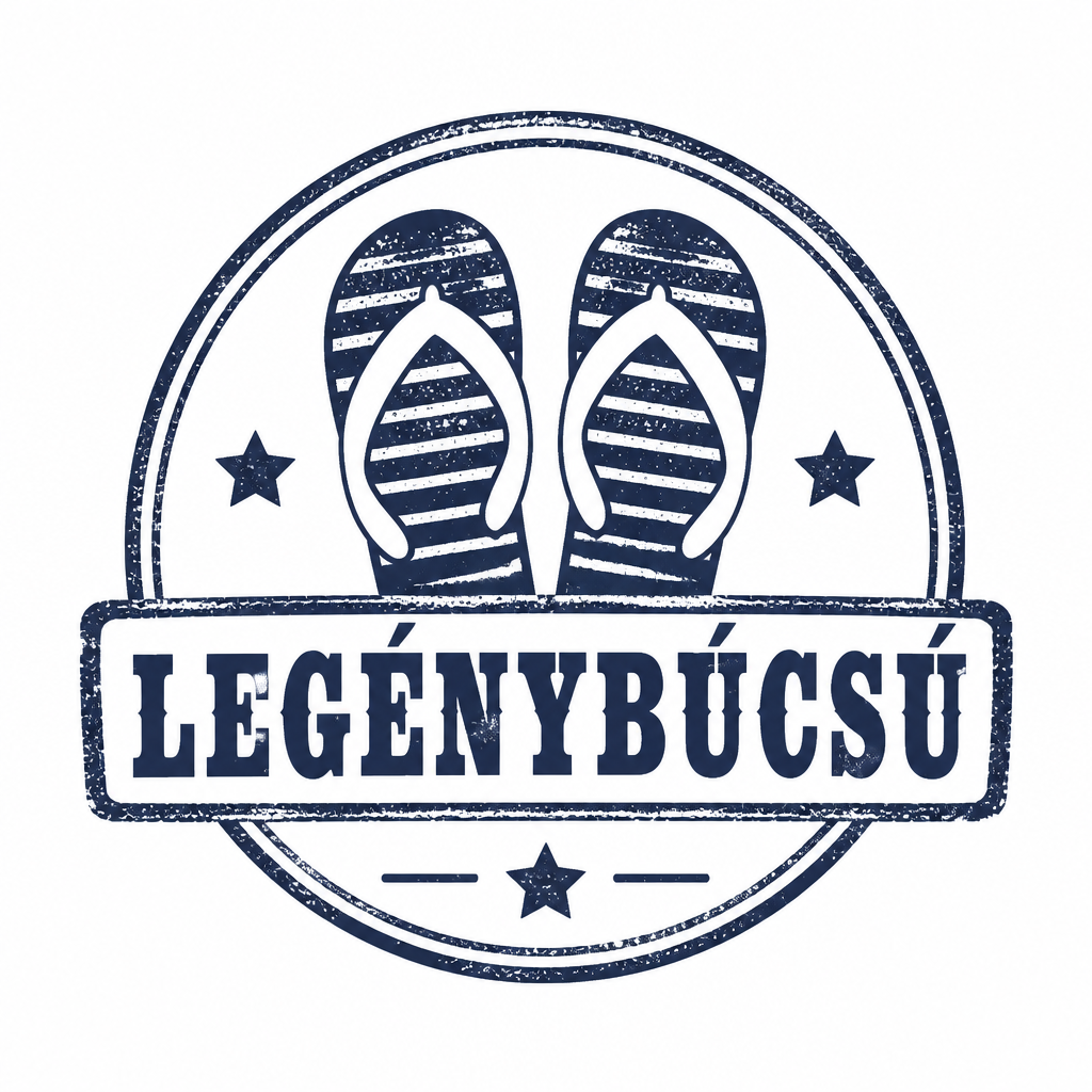 AI-generált pólóminta: Legénybúcsú minta: papucs és LEGÉNYBÚCSÚ felirat, vintage bélyegzős stílusban