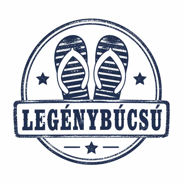 AI-generált pólóminta: Legénybúcsú minta: papucs és LEGÉNYBÚCSÚ felirat, vintage bélyegzős stílusban