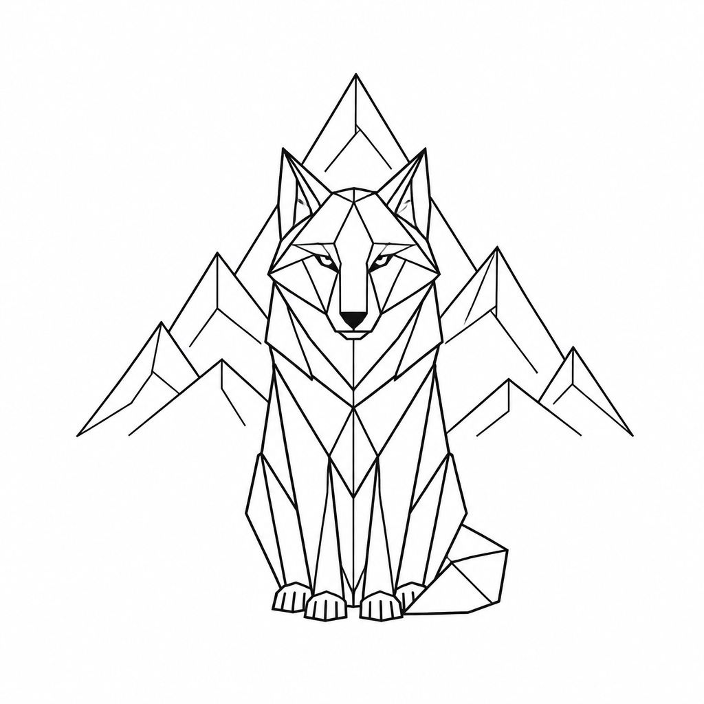 AI-generált pólóminta: Geometrikus origami farkas hegyek előtt, minimal vonalrajz