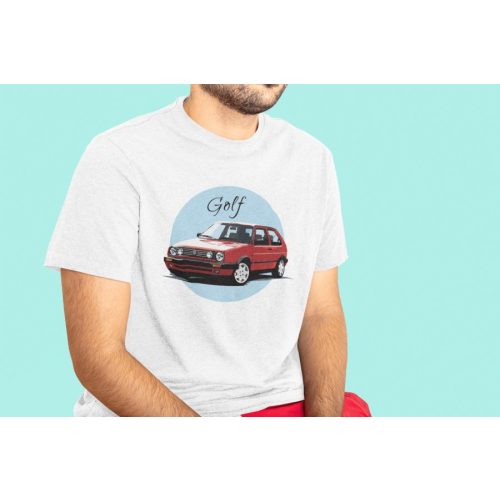 Red Volkswagen Golf fehér póló