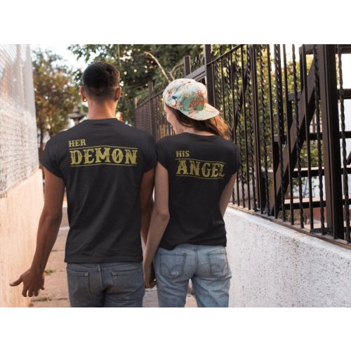 Angel & Demon páros fekete pólók arany felirattal