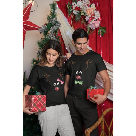 Új Karácsonyi páros póló (Rudolf a rénszarvas) - fekete színben