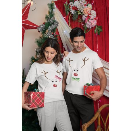 Új Karácsonyi páros póló (Rudolf a rénszarvas) - fehér színben