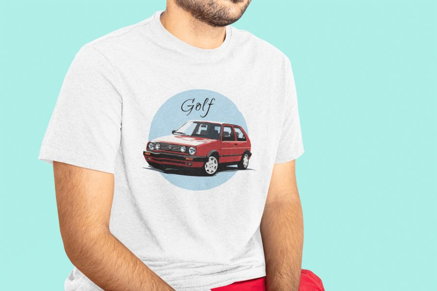 Red Volkswagen Golf fehér póló