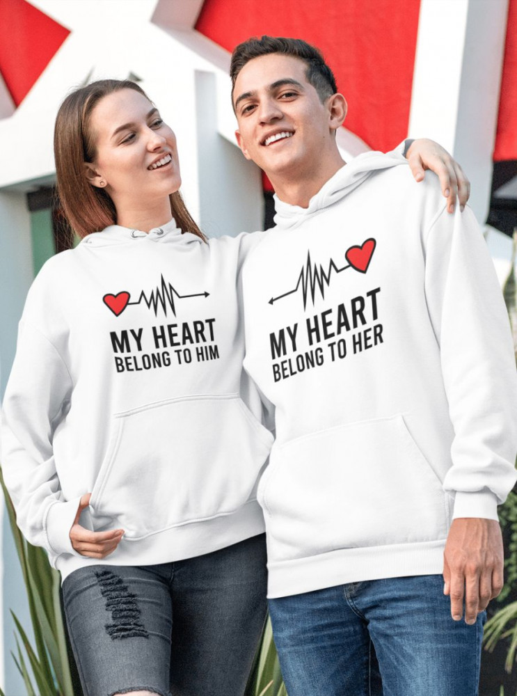 My heart belong to him and to her páros pulóver - fehér színben
